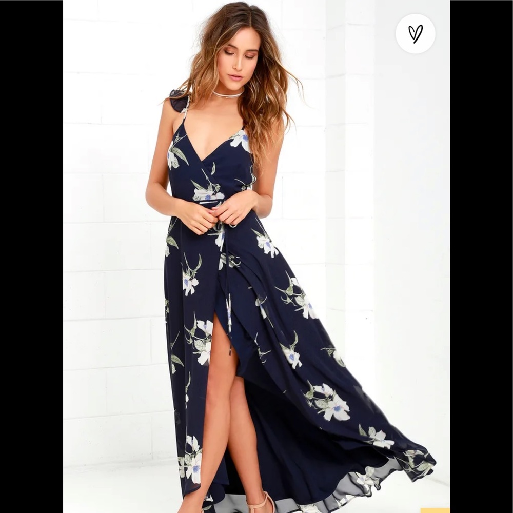 NWT LULU’S ALL MINE NAVY FLORAL PRINT HIGH LOW WRAP DRESS (L)